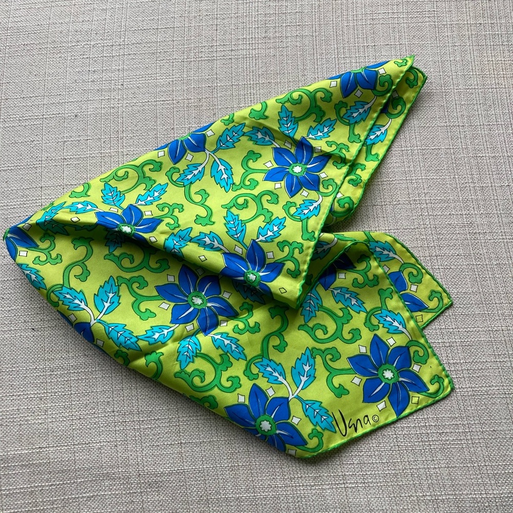Vera Neumann handrolled designer vintage scarf, green, blue, Mid Century